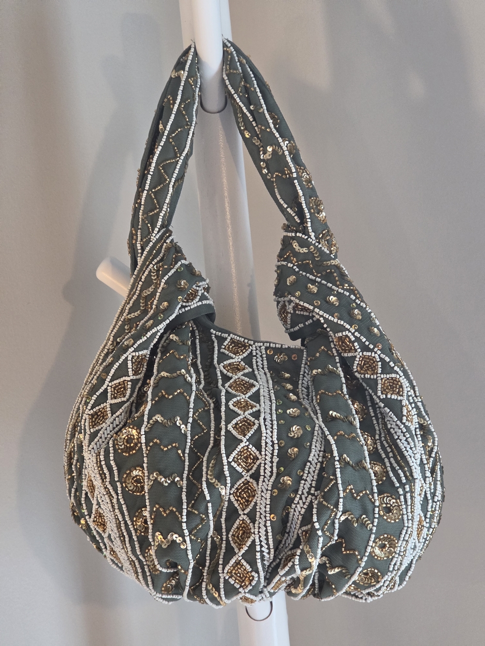 Zara Beaded Olive Green Hobo Bag - Elegant Handheld Shoulder Bag - Picture 5 of 7
